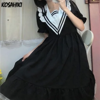 KOSAHIKI Japonski Luštna Črna Obleka Ženske Poletje 2021 Mornarice Ovratnik Sladko Kratek Rokav Svoboden Slim Kawaii Midi Obleke Vestido Mujer
