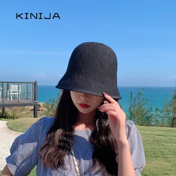 2021 nove poletne ženske Ročno tkane slame skp korejski Nazaj split trdna vedro klobuk Panama oblikovalec plaža za zaščito pred soncem klobuki uv kape
