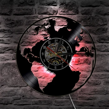 Svetovni Zemljevid LED Silhueta Ozadja Potovanje Okoli Sveta Vinil Zapis Stenske Ure Sodoben Design, Dom Dekor Wall Art Watch Darilo