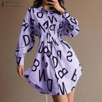 Pismo Tiskanja Ženske obleke ZANZEA 2021 Jeseni Naguban Stranka Haljo Priložnostne Puff Rokav Mini Vestidos Visoko Pasu Sundress Oversize
