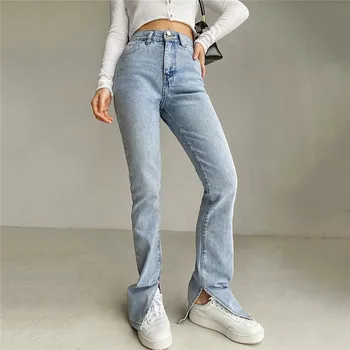 Naravnost Jeans za Ženske Visoko Pasu, Classic, Retro Seksi Oprati Hlače Modre Razdeli na Gležnjev slim Denim Dolgo Pante 2021