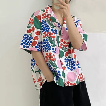 Majice Ženske Retro Cvjetnim Natisne Ulične Kratek Rokav Bluze Zarezo Gumb Gor Vse-tekmo Počitnice Hong Kong Slog Trendy Top