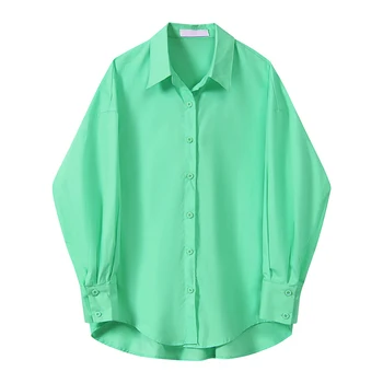 Poletje Gumb Gor Bombaž Dolgi Rokav ženska Majica Priložnostne Barva Bluzo 2021 Moda Asymmertrical Svoboden Urad Dama Majice