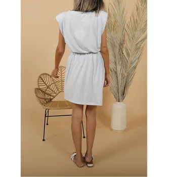 Priložnostne Poletje Belo Črtasto Oblazinjeni Ramenski Pocket Oblačenja Žensk 2020 Urad Svoboden brez Rokavov Ženski Udobno Mini Obleke