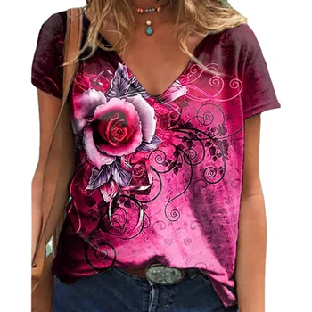 Nova Moda Rose Cvet Tiskanja Globoko V-neck T-shirt Poletje Plus Velikost Oblačila za Ženske Priložnostne Kratka sleeved Majica