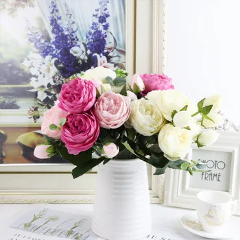 Kup peony korejskem slogu majhen kup 5 Philippe perzijski umetne vrtnice cvet domov Diy pompon poročni šopek rose