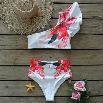 Ena Ramenski Kopalke Tiskanja Bikini Brazilski Bikini Komplet Visoko Pasu Plavanje Obleke, Kopalke Poletje Plažo