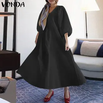 Elegantno Obleko Maxi 2021 VONDA Ženske Poletje Sundress Luč Sleeve Solid Obleke Počitnice na Plaži Vestidos Femme Robe