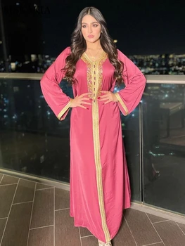 Siskakia Ramadana Eid Roza Maxi Obleke Za Ženske Skromno Muslimanski Turčiji Arabski Dubaj Diamond Trak V Vratu Dolg Rokav Jalabiya 2021