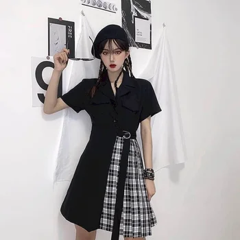 2021 Poletje Ženske Seksi Obleko Korejski Letnik Gothic Harajuku Plus Velikost Mozaik Naguban Kariran Koleno Dolžina Proti-Vrat Safari Stil