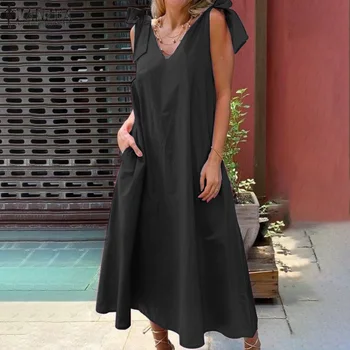 Moda za Ženske Obleke ZANZEA 2021 Poletje Trak Maxi Vestidos Priložnostne Trdna Čipke Dolgo Sundress Lady Svoboden,-line Robe