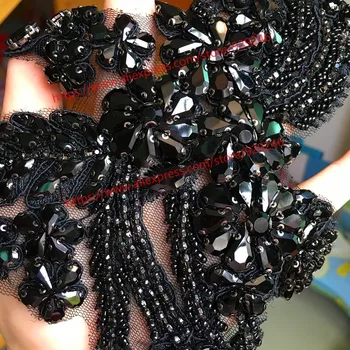 Modni črno steklo kristalno beaded cvetnih okraskov za plašč obleko okraski velik cvet aplicirano za headscarf dekoracijo DIY kamna