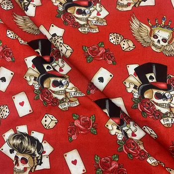 Lep Bombažne Tkanine, Rdeče Dno Lobanje Poker Vzorec Digital Print Šivalni Material DIY Doma Mozaik Obleko Oblačila