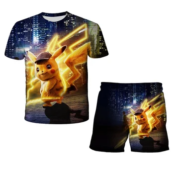 2021 Priložnostne Modni 2-Delni Set Pikachu T-Shirt Obleko Zabavno Tiska Za Fant Dekleta, Kratek Rokav, Kratke 4-14T Baby Vrhovi