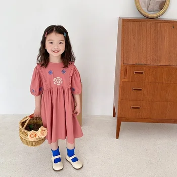 Dekleta Obleko 2021 Novo Poletje korejski Moda otroška Oblačila Baby Vezenje Puff Rokav Princesa Obleko