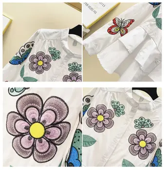 2021 Pomlad Jesen Lepe Vezeni Cvetje Ženske Vrhu Stojala Za Ovratnik Ruffle Swing Majica Korejskem Slogu Svoboden Modna Bluza