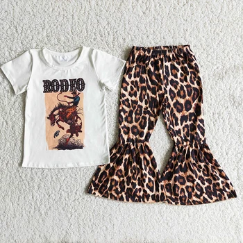 Vesel Padec Moda Za Malčke Luštna Deklica Kavboj Majica Kratek Rokav Leopard Bell Dnu Baby Obleko Trgovini Boutique Oblačila