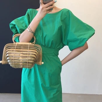 GALCAUR Zeleno Obleko Za Ženske O Vratu Puff Pol Rokav Visoko Pasu Mozaik Bowknot Čipke Split Sredi Obleke Ženska Oblačila 2021