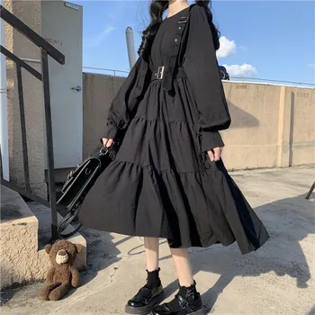 Gotski Stil Oblačenja Žensk Center Goth Harajuku Emo Kawaii Obleko Gothic Punk Japonski Ljubek Dolg Rokav Črno Obleko Midi
