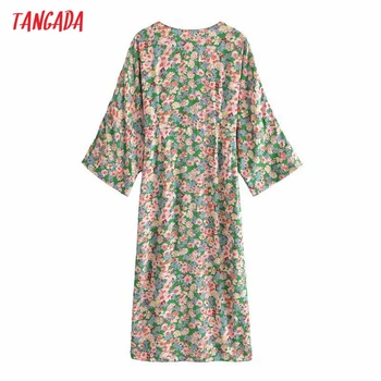 Tangada 2021 Ženske Tiskanja Cvetovi francoskem Slogu Dolgo Obleko z Dolgimi Rokavi Ženske Vintage Obleko 3H616
