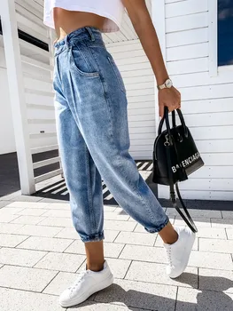 Ženske visoko pasu kavbojke ravne tanke šivanje zadrge pranje dolge jeans hlače priložnostno 2021