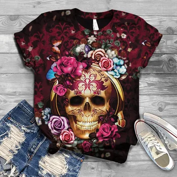 Nova Moda Poletje Harajuku ženska T-majica Skull Glave Vzorec 3D Tiskanje Žensk Ulica Priložnostne Modni Trend T-shirt