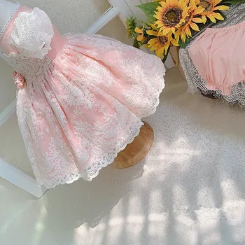 Španski Lolita Obleko Baby Dekleta Vezenje Cvetlični Za Malčka, Rojstni Dan, Krst Novih Roza Otrok Boutique Čipke Poletje Dresse