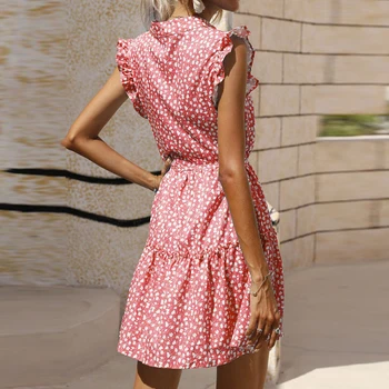 Elegantno Gumb Stand Vratu Ruffle Stranka Obleko Za Ženske Modni Cvjetnim Tiskanja Mini Plaži Priložnostne Obleko Brez Rokavov Ohlapne Obleke Poletje