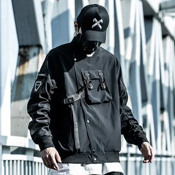 Techwear Black Hip Hop Punk Bomber Jakne Plašči Moške Japonski Ulične Bombaž Prevelik Dolg Rokav Casual Moški Vrhnja Oblačila