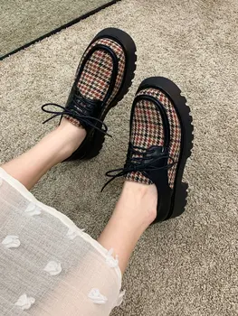 Ženske čevlje, usnjeni čevlji, pomlad 2021 nov modni houndstooth debele pete priložnostne platformo loafers