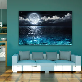 Luna med Oblaki, Morje Platno Stensko Slikarstvo Umetnost Tiskanje Plakata za dnevno Sobo, Moderno Krajine Cuadros Doma Dekor