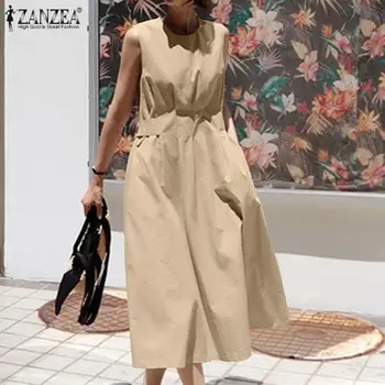 Elegantno Naguban Midi Obleko Žensk Poletje Sundress ZANZEA 2021 Priložnostne brez Rokavov Tank Vestido Femlae O Vratu Haljo Femme