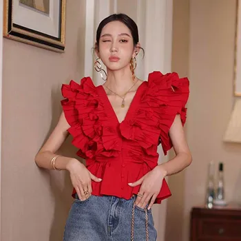 VGH Elegantno Mozaik Ruffle Majica Za Ženske V Vratu Kratek Rokav Ruched Slim Rdeče Priložnostne Bluze za Ženske Poletje Modni Slog 2021